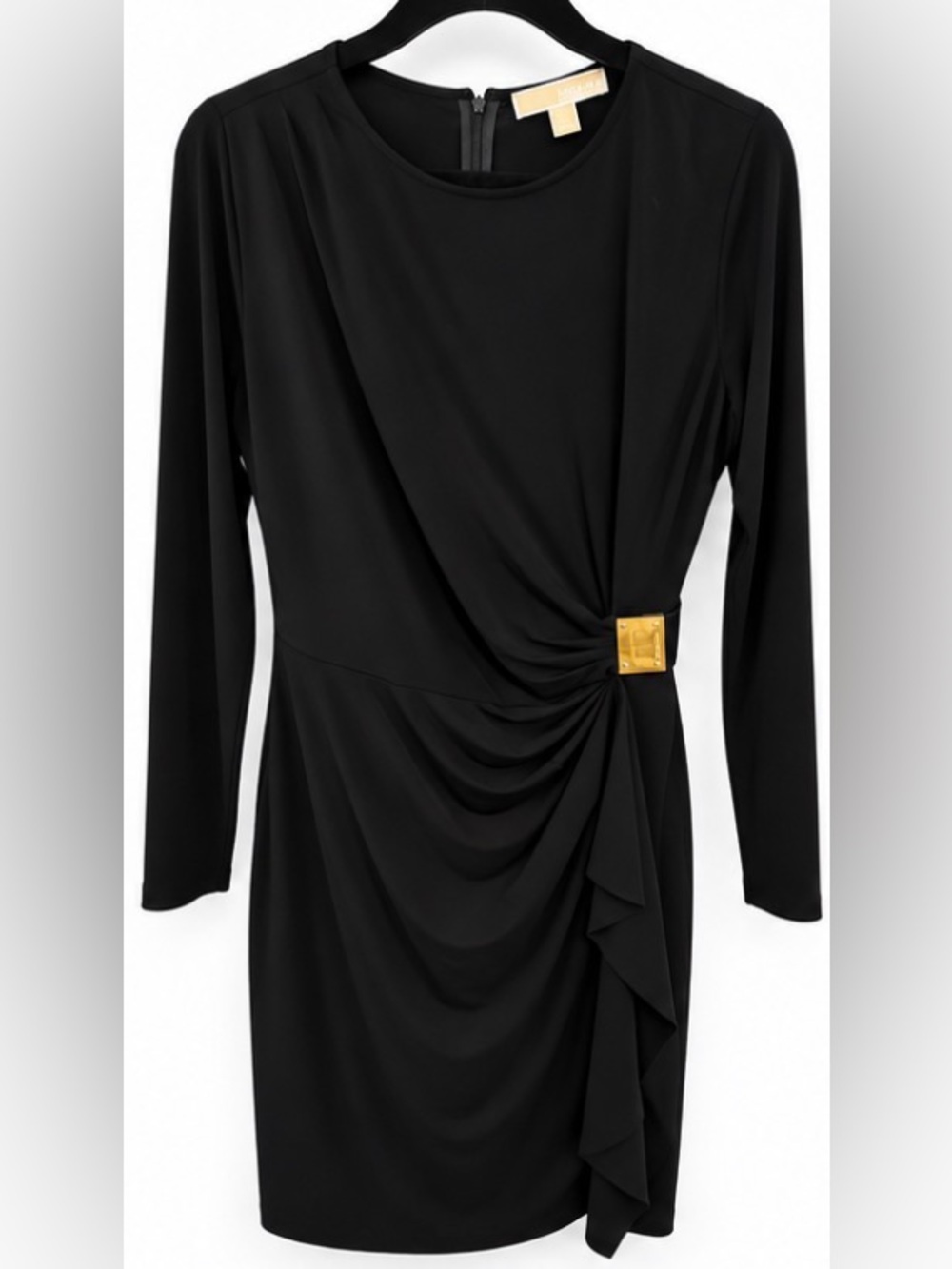 MICHAEL Michael Kors Black Ruched Matte Jersey Gold Logo  Dress Size L